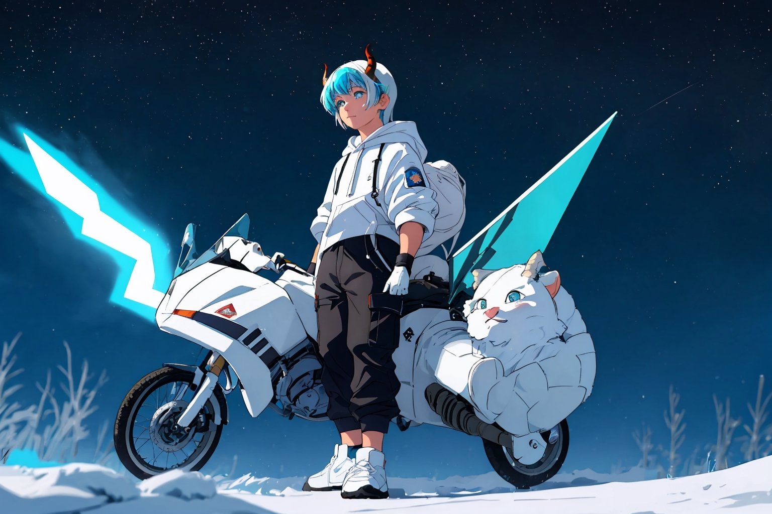 (master piece), vivid, masculine, 20 years old, blue pupils, curtaincut hair,multicolor hair, cyan bangs, white hoddies, cargo pants, black shoes, white gloves, white ring in middle finger right hand, black ring in middle finger lefthand, 2 white horns in head,light chocolate skin, fire in the background, stars in the background, sixpack, lazy pose