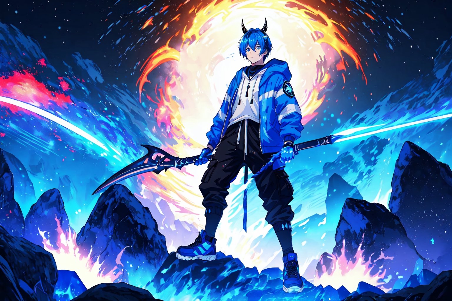 (master piece), vivid, masculine, male, 20 years old, blue pupils, wolfcut hair,multicolor hair, cyan bangs, white hoddies, cargo pants, black shoes, white gloves, white ring in middle finger right hand, black ring in middle finger lefthand, 2 white horns in head,chocolate skin, fire in the background, stars in the background, molten blue lava in thebackground, sixpack, lazy pose,weapon,midjourney, eyebags, fire blue scythe,