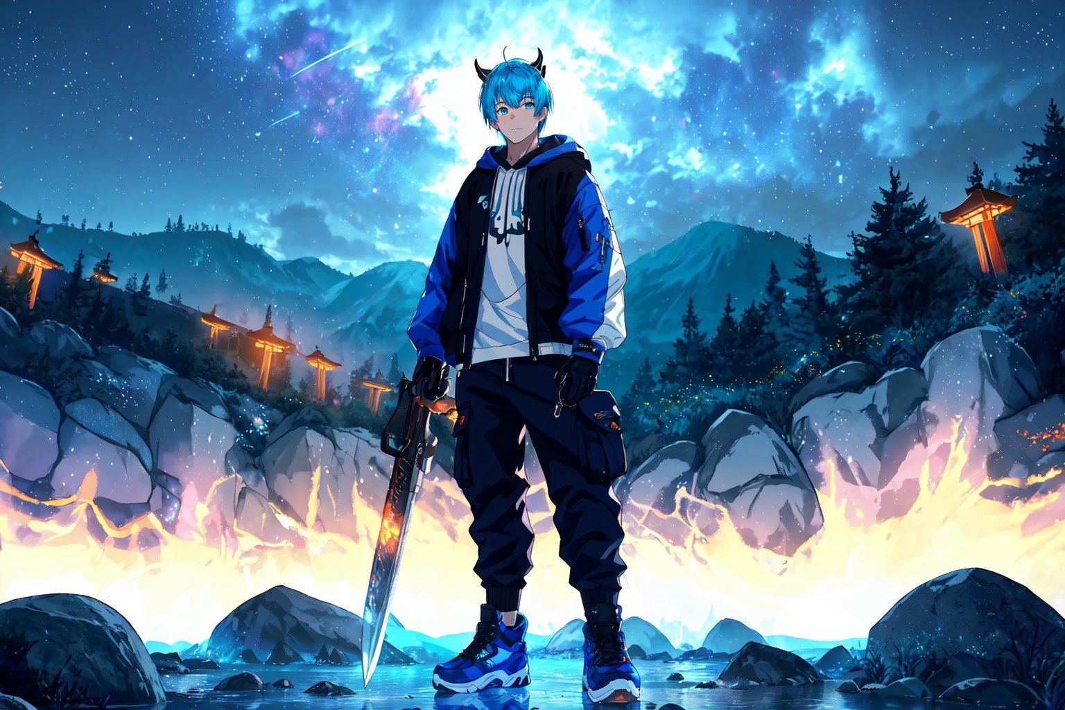 (master piece), vivid, masculine, male, 20 years old, blue pupils, wolfcut hair,multicolor hair, cyan bangs, white hoddies, cargo pants, black shoes, white gloves, white ring in middle finger right hand, black ring in middle finger lefthand, 2 white horns in head,chocolate skin, fire in the background, stars in the background, sixpack, lazy pose,weapon,midjourney