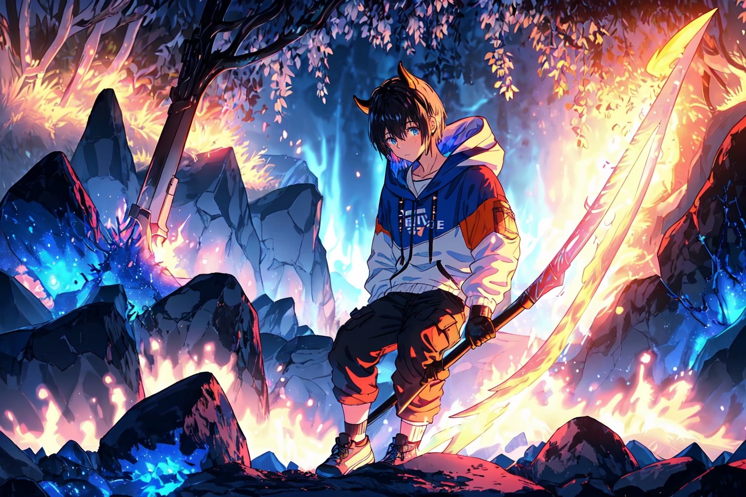 (master piece), vivid, masculine, male, 20 years old, blue pupils, wolfcut hair,multicolor hair, cyan bangs, white hoddies, cargo pants, black shoes, white gloves, white ring in middle finger right hand, black ring in middle finger lefthand, 2 white horns in head,chocolate skin, fire in the background, stars in the background, molten blue lava in thebackground, sixpack, lazy pose,weapon,midjourney, eyebags, fire blue scythe, little bit black hair