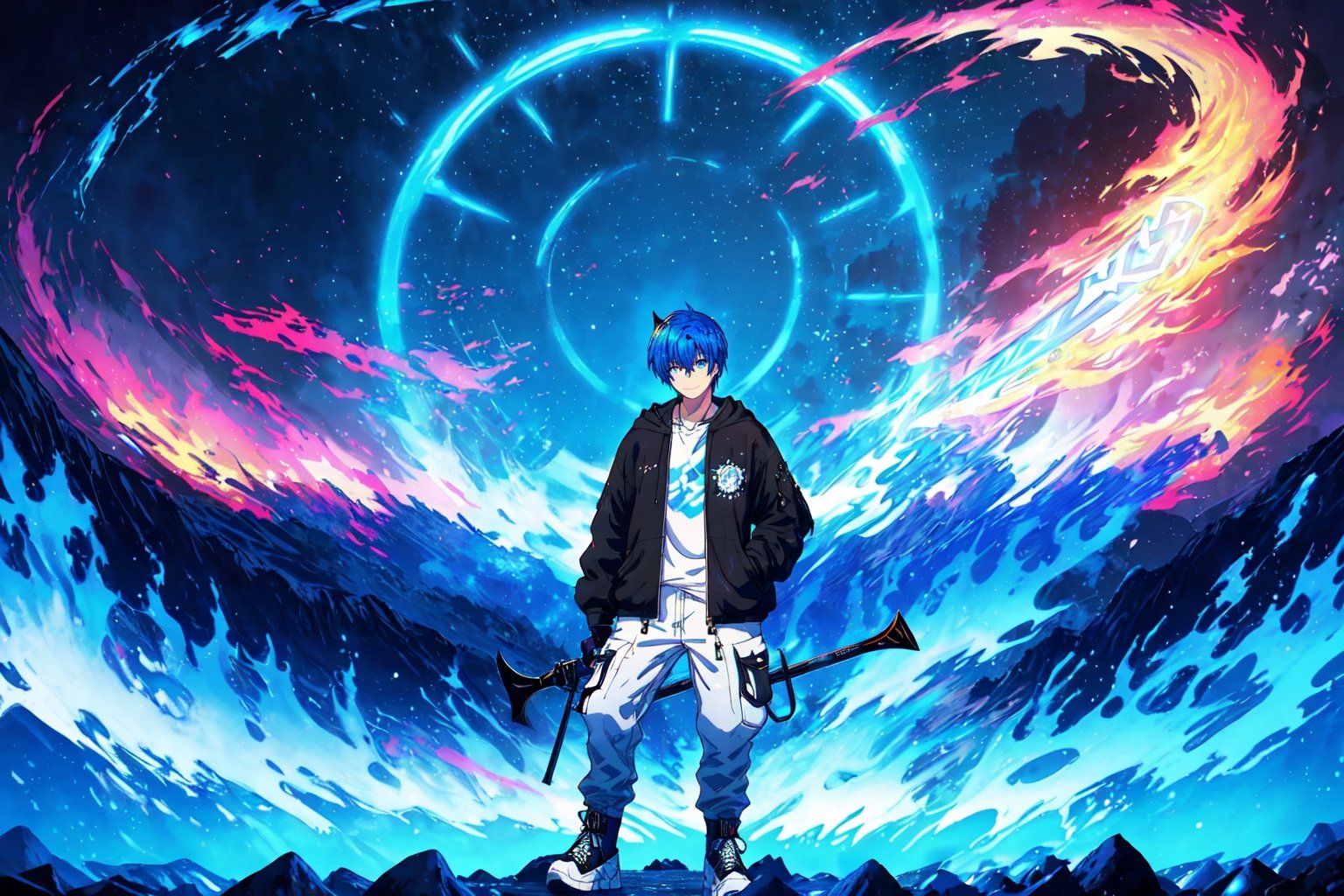 (master piece), vivid, masculine, male, 20 years old, blue pupils, wolfcut hair, multicolored hair, cyan bangs, white hoddies, cargo pants, black shoes, white gloves, white ring in middle finger right hand, black ring in middle finger lefthand, 2 white horns in head, dark skin, fire in the background, stars in the background, molten blue lava in thebackground, sixpack, lazy pose,weapon,midjourney, eyebags, fire blue scythe, smirk