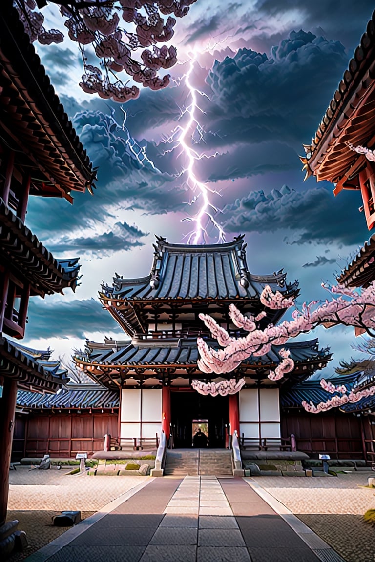 Beautiful cherry blossoms, 8k, high resolution, Japanese temple, blue dragon guarding, lightning in the back