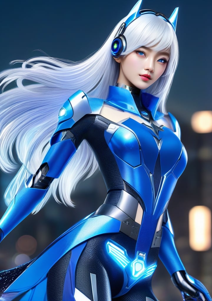 Best picture quality, high resolution, 8k, realistic, sharp focus, realistic image of elegant lady, Korean beauty, supermodel, pure white hair, blue eyes, wearing high-tech cyberpunk style blue Batgirl suit, radiant Glow, sparkling suit, mecha, perfectly customized high-tech suit, ice theme, custom design, 1 girl,mecha