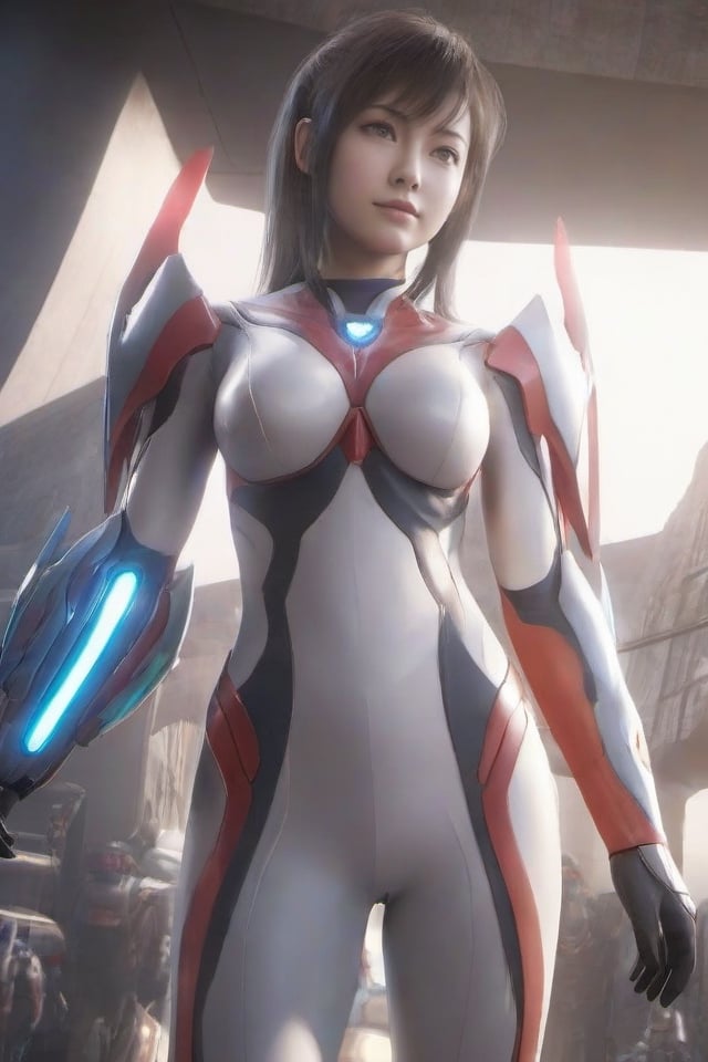 1girl,ultraman,bodysuit,looking at viewer,glowing,mecha,glowing eyes,science fiction,,large breasts,open clothes