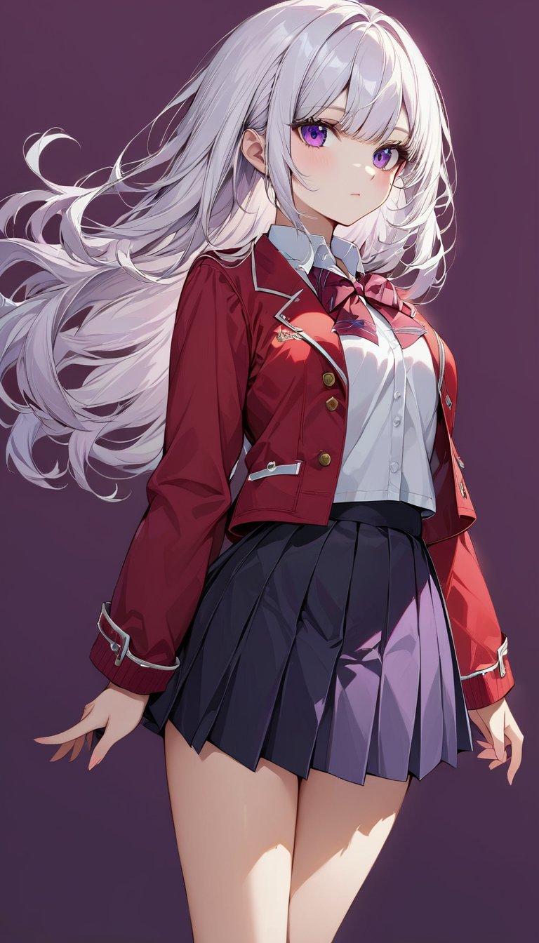 //Character, solo, 1girl, white hair, purple eyes, //Fashion, school uniform, red jacket, pleated skirt, //Background, simple background, //Quality, (masterpiece), best quality, ultra-high resolution, ultra-high definition, highres, intricate, intricate details, absurdres, highly detailed, finely detailed, ultra-detailed, ultra-high texture quality, natural lighting, natural shadow, dramatic shading, dramatic lighting, vivid colour, perfect anatomy, //Others,