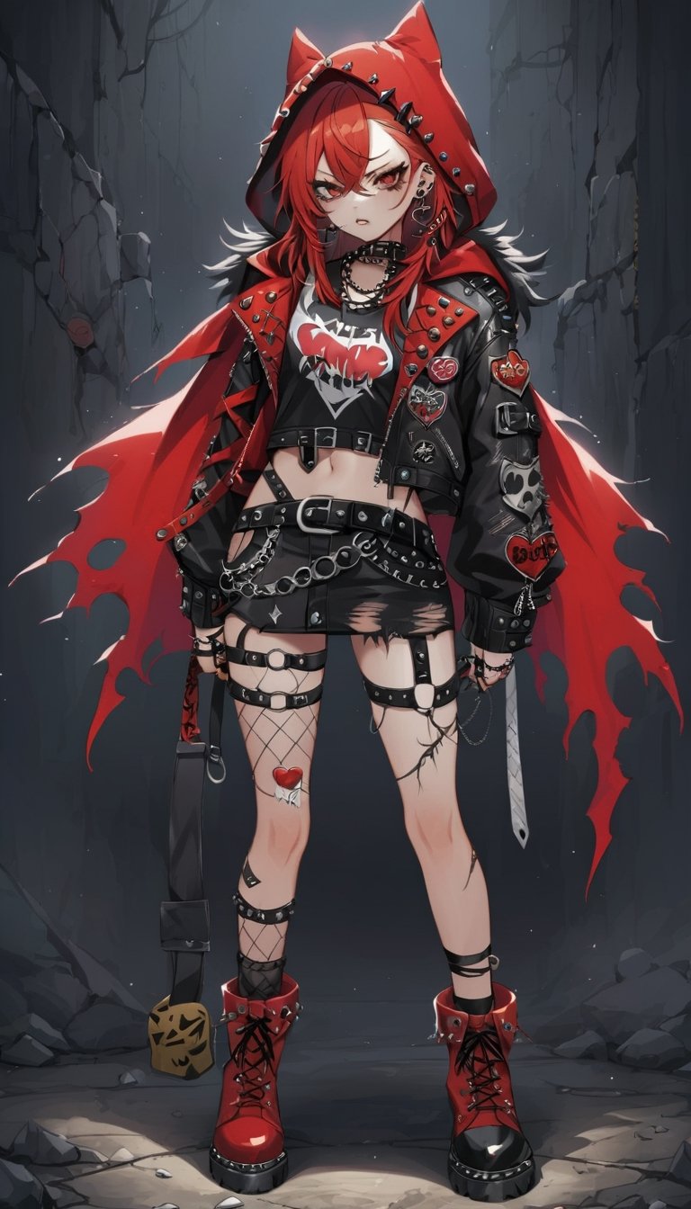 A punk rock version of Snow White, dressed in a rebellious fusion of avant-garde fashions. (standing: 1.2), red cape with hood and ripped mesh details, adorned with punk-inspired patches and brooches. Septum earrings, more calls, tattered dreadlocks, more patches, dirty, torn, anti-union spiked leather jackets, hardcore punk style jackets, punk badges, combat boots tied to legs, Rebellin, Dal, Emo orange, ct- niji2,dal,royal knight