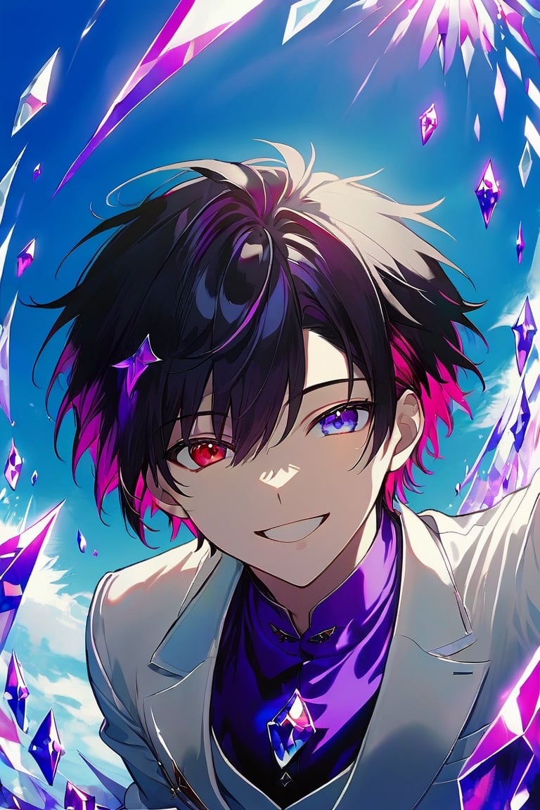 solo, looking at viewer, smile, short hair, black hair, 1boy, purple left eye,, open mouth, white tuxedo, right red eyes, male focus, , sky, day,, blue sky, heterochromia, paradise, black sungrasses, Crystal shards, purple crystal shards, bright shards in the air
