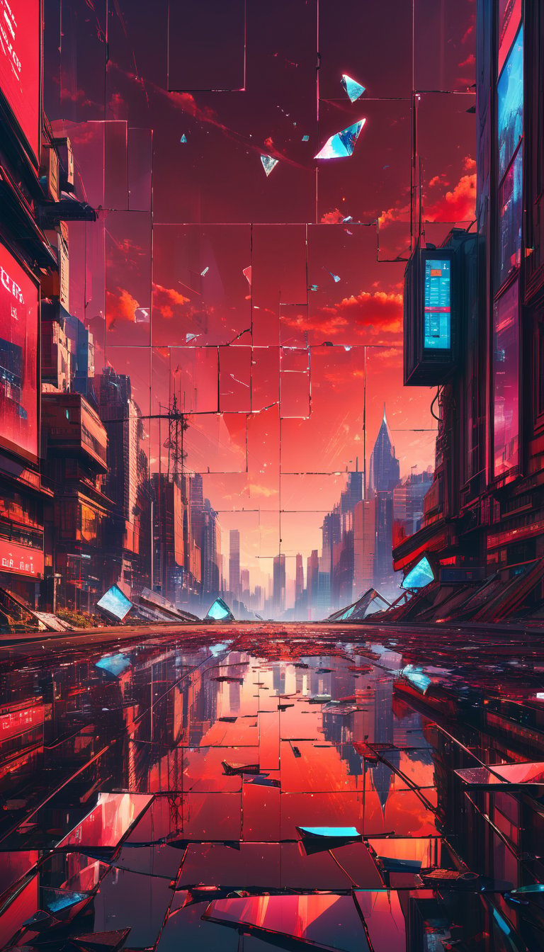 //quality, (masterpiece:1.4), (detailed), ((,best quality,)),//,(red_theme:1.4),(red_sky:1.4),(warning signal:1.2),cityscape,sky focus, horizon,(,broken_glass,broken_sky:1.4),scenery,Surreal Elements,glitch,error message,(error,error data codes:1.3),(glitch effect:1.3),(cyberpunk:1.2),shards, (puzzle:1.2),glass,brocken glass,transparent glass,pieces of glass,Made_of_pieces_broken_glass