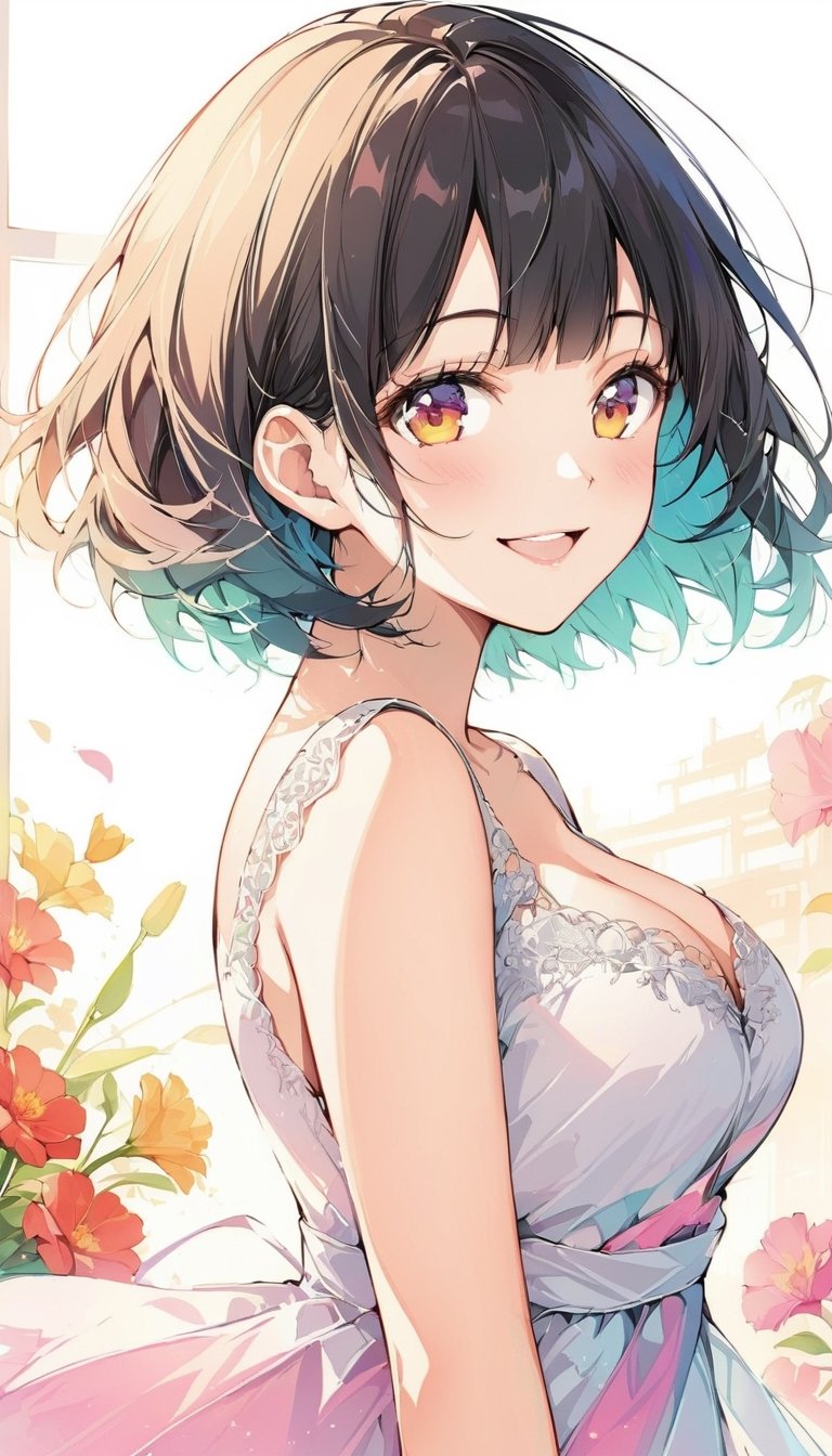 (A surprisingly captivating abstract illustration: 1.4), ((from side: 1.5)), close-up, ((double exposure: 1.8)), white background" , 1 girl, focus on girl, mid-chest, cleavage, smiling, happy, 1 girl with open mouth, solo, looking at viewer, smile, short hair, bangs, black hair, dress, flowers, outdoors, window ,Factory,From Outside,(Grunge Style: 1.5) ),(Frutiger Style: 1.4),(Colorful Minimalism: 1.4),(2004 Aesthetics: 1.3),(Beautiful Vector Shape: 1.4),BREAK Swirl,x \(symbol\), arrow \(symbol\), heart \(symbol\), (gradient background), sharp details, supersaturated. BREAK Top quality, detailed, intricate, original artwork, trendy, mixed media, vector art, vintage, award-winning, artint, SFW,