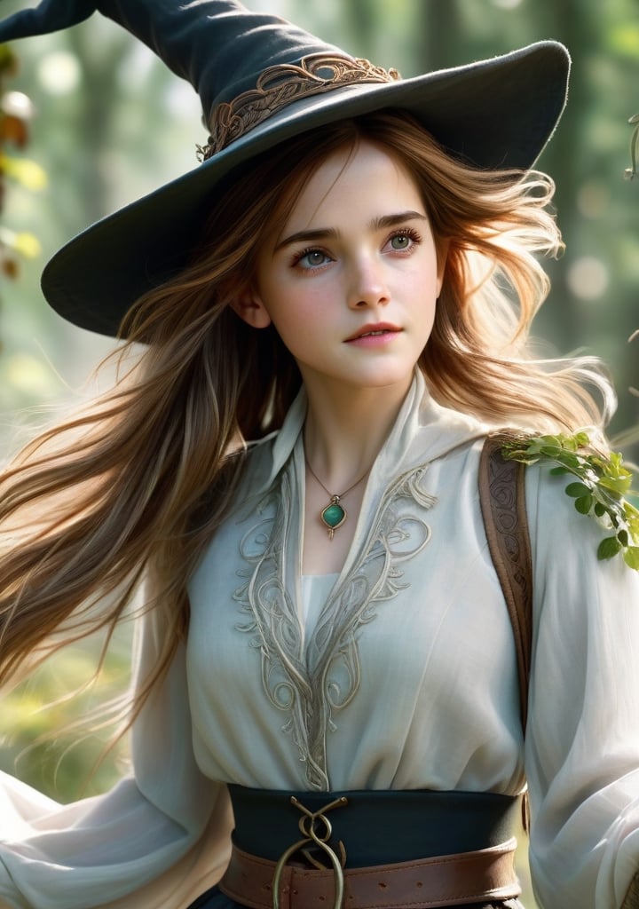 photorealistic, 35mm, intricate details, hdr, intricate details, hyperdetailed, natural skin texture, hyperrealism, sharp, 1 girl, (Emma Watson), adult (elven:0.7) woman, freckles, grey eyes, chestnut layered hair, portrait, looking down, solo, half shot, detailed background, witch hat, witch, magical atmosphere, hair flowing in the wind, white trimmed light colored clothes, whirlwind of swirling magic spell in the air, dark magic, (style-swirlmagic:0.8), floating particles