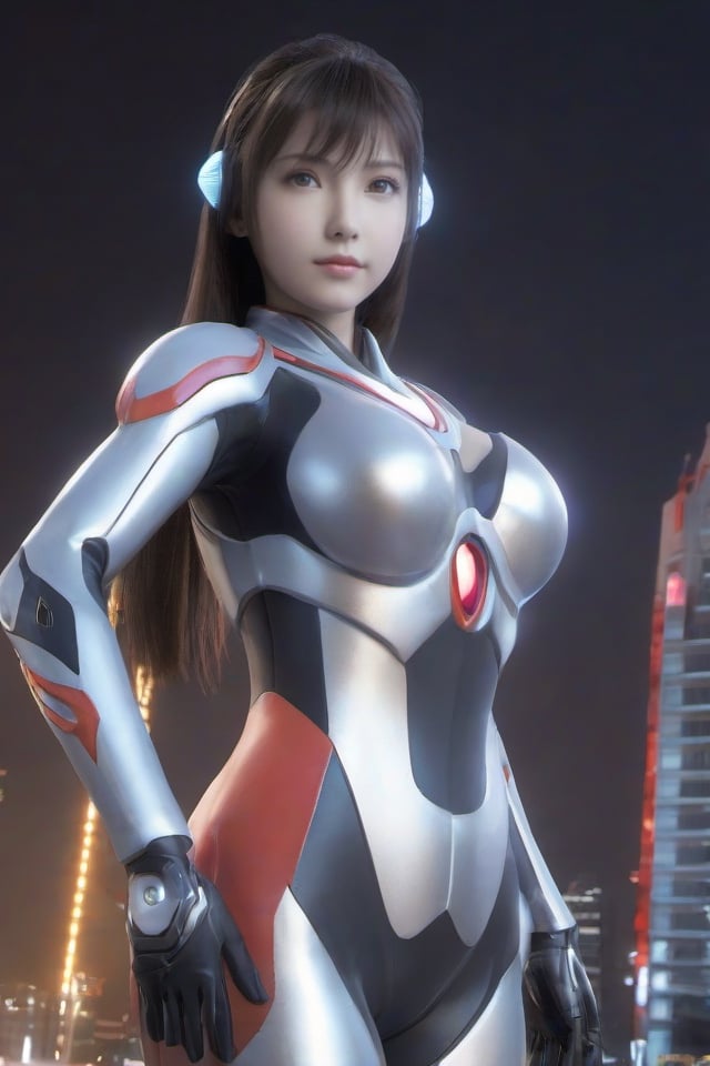 1girl,ultraman,bodysuit,looking at viewer,glowing,mecha,glowing eyes,science fiction,,large breasts,open clothes