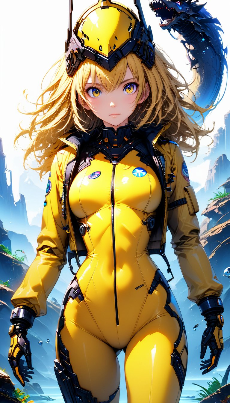 a girl, thunder yellow jacket, tight suit,Space helm of the 1960s,and the anime series ace, Fantastic Surrealism, Post-apocalyptic, Cute Illustration, Bio-Robotic Art, Fantasy Digital Painting, Fantasy Landscapes, Dragon with a futurastic underwater helm Fantasy, Art, Surrealism, Geomorphologie-Kunst, Fluid Art, Underwater Photography, Biomechanical Sculpture, Kemono, Beautiful Girl Turned to the Camera, White Background, 3D Vector Art, Greg Rutkowski, Detailedface, Detailedeyes, 1 girl