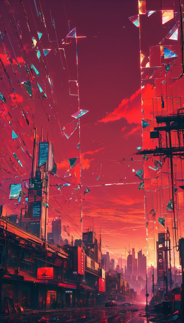 //quality, (masterpiece:1.4), (detailed), ((,best quality,)),//,(red_theme:1.4),(red_sky:1.4),(warning signal:1.2),cityscape,sky focus, horizon,(,broken_glass,broken_sky:1.4),scenery,Surreal Elements,glitch,error message,(error,error data codes:1.3),(glitch effect:1.3),(cyberpunk:1.2),shards, (puzzle:1.2),glass,brocken glass,transparent glass,pieces of glass,Made_of_pieces_broken_glass