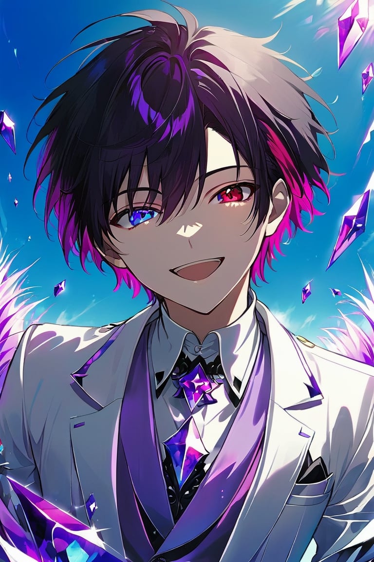 solo, looking at viewer, smile, short hair, black hair, 1boy, purple left eye,, open mouth, white tuxedo, right red eyes, male focus, , sky, day,, blue sky, heterochromia, paradise, black sungrasses, Crystal shards, purple crystal shards, bright shards in the air
