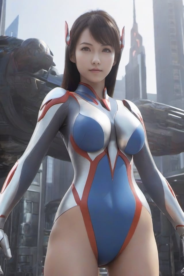 1girl,ultraman,bodysuit,looking at viewer,glowing,mecha,glowing eyes,science fiction,,large breasts,open clothes