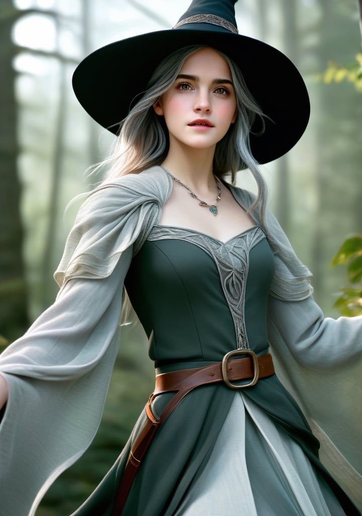 photorealistic, 35mm, intricate details, hdr, intricate details, hyperdetailed, natural skin texture, hyperrealism, sharp, 1 girl, (Emma Watson), adult (elven:0.7) woman, freckles, grey eyes, chestnut layered white hair, portrait, looking down, solo, half shot, detailed background, witch hat, witch, magical atmosphere, hair flowing in the wind, metallic silver trimmed light colored clothes, whirlwind of swirling magic spell in the air, dark magic, (style-swirlmagic:0.8), floating particles