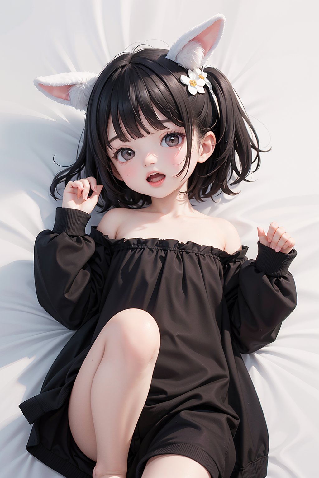 1girl,loli, solo, looking at viewer, short hair, open mouth, bangs, shirt, black hair, hair ornament, long sleeves, bare shoulders, brown eyes, white shirt, lying, teeth, on back, medium hair, off shoulder, two side up, upper teeth only, child, female child, rabbit hair ornament