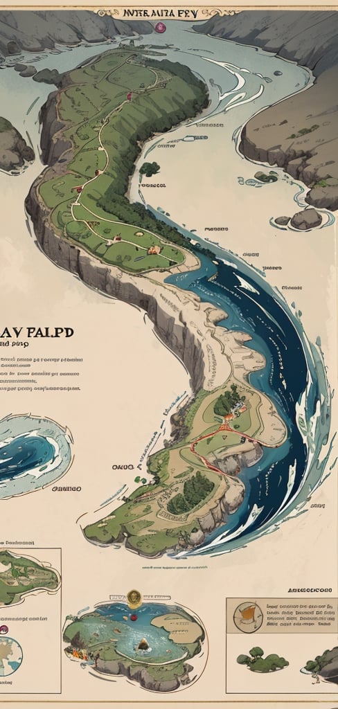 infographic type of illustration of a fantasy vertical world map, in the map showing the world having 3 fantasy kingdom, mystery forest and waterfall are described in the map