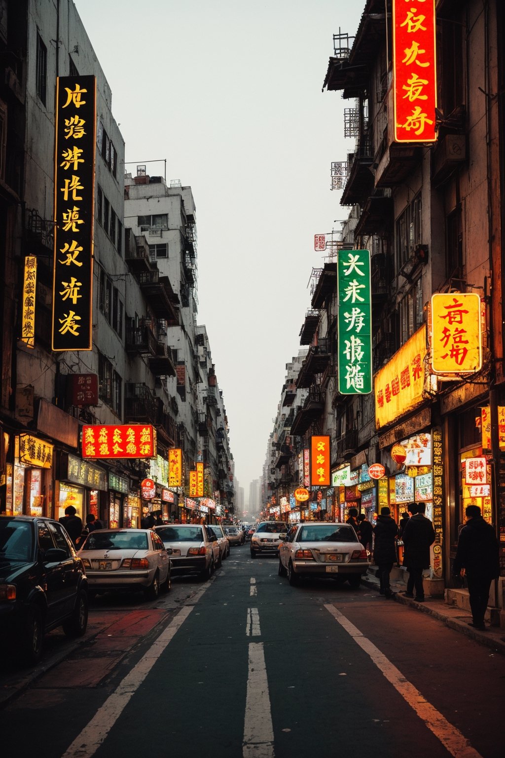 photo of city street, neon, analog photo, china town vibes