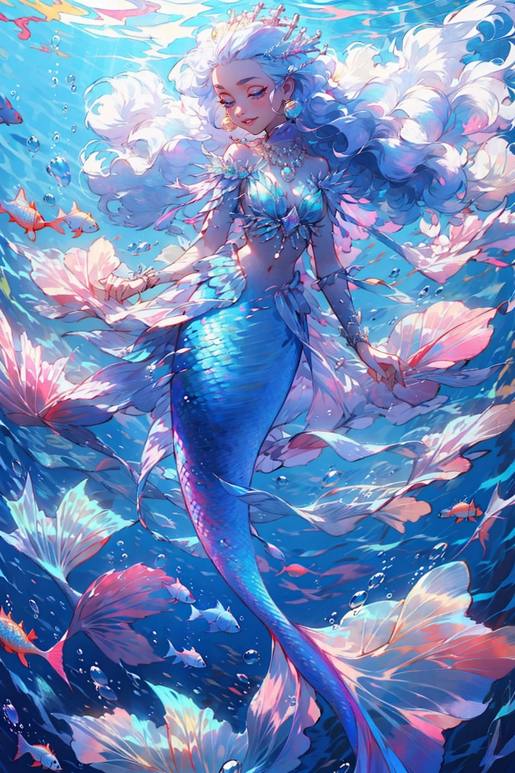 1girl, solo, long hair, breasts, jewelry, full body, closed eyes, white hair, necklace, floating hair, gem, fish, bubble, underwater, air bubble, mermaid, head fins, pearl \(gemstone\), mermaid,(best quality