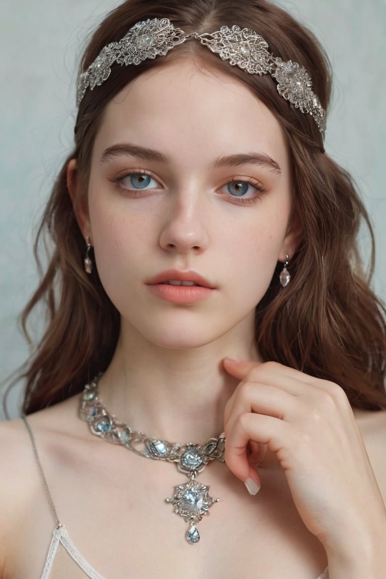 Beautiful woman, teenager, white skin, no bra, analog photograph, professional fashion photoshoot, hyperrealistic, masterpiece, trending on artstation,krrrsty, Tiny tits, armlet, necklace, pendant, bracelet, earring, ring, anklet, choker, bangle, cufflinks, charms, nose ring, body chain, silver steel cloak, diamond headband, safety gloves, nude, full-body_, no clothes, slim, nude