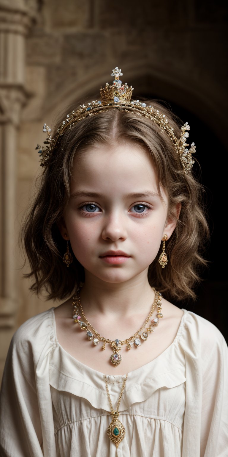 Little girl, 9 yo, white skin, Beautiful, face, 8K, HDR, Masterpiece, Hyperrealistic, portrit of a little girl with perfect body, detailed face, sweet,  in a medieval town, beautiful, REALISTIC, necklace, earring, queen crown,