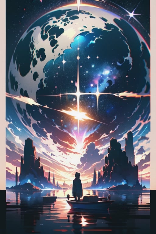 (8k uhd, masterpiece, best quality, high quality), 8K UHD, (man), image is a stunning piece of digital art that transports you to a fantastical landscape. The sky is a cosmic tapestry, filled with stars and nebulae, creating a backdrop for a large, imposing planet. Below this celestial spectacle, the landscape unfolds with rocky cliffs that border a serene body of water. A small boat can be seen on the water, adding a touch of life to the scene. The colors used in the image are strikingly vibrant, enhancing the dreamlike quality of the overall composition,sle