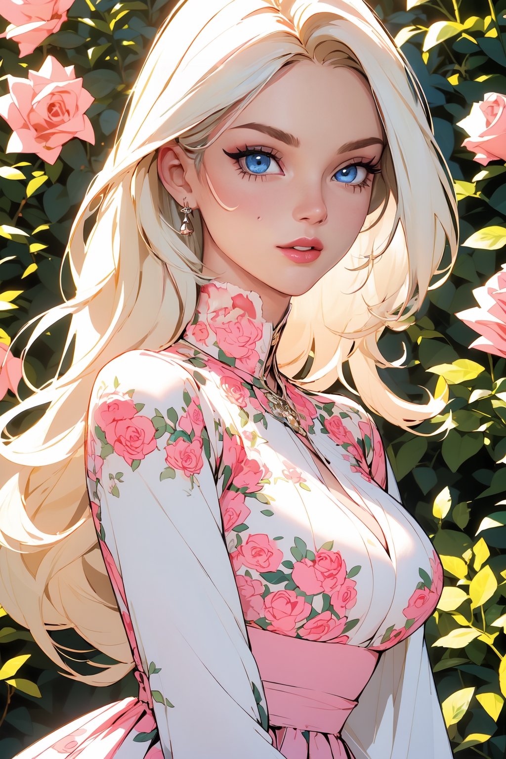 Masterpiece, 1girl, solo, portrait, illustration, Aphrodite, (caucasian_pale_white_female:1.5) , blue eyes, light smile, big_breasts , very long hair, blonde_hair,,{garden full of (roses:1.2) background} , perfect shading , high contrast, (make-up) , (pink eye shadow) , (black eye liner) ,very long pink Vintage women's elegant (spring floral long dress) ,lolita_dress, jewellery, ,Niji style, ,intricate printing pattern 