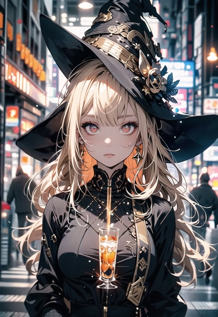 Red eyes, evil, golden, shiny, gold hair,High detailed ,midjourney,perfecteyes,Color magic,urban techwear,hmochako,better witch,witch, witch,Long hair,free style,horror (theme),intricate printing pattern 