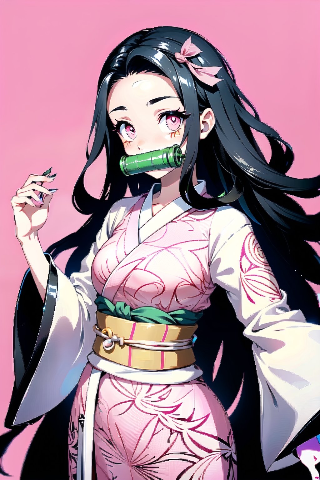 nezuko kamado, bamboo, bit gag, black hair, forehead, gag, gagged, hair ribbon, long hair, multicolored hair, (pink eyes:1.5), orange hair, slit pupils, wavy hair, two-tone hair, asa no ha (pattern), checkered sash, haori, japanese clothes, kimono, long sleeves, obi, pink kimono, sash, wariza,  wide sleeves, generate an image showing nezuko in a dojo while posing dynamically, photo of perfecteyes eyes, background,nezuko,photo of perfecteyes eyes,intricate printing pattern 