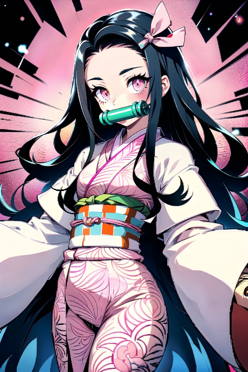 nezuko kamado, bamboo, bit gag, black hair, forehead, gag, gagged, hair ribbon, long hair, multicolored hair, (pink eyes:1.5), orange hair, slit pupils, wavy hair, two-tone hair, asa no ha (pattern), checkered sash, haori, japanese clothes, kimono, long sleeves, obi, pink kimono, sash, wariza,  wide sleeves, generate an image showing nezuko in a dojo while posing dynamically, photo of perfecteyes eyes, background,nezuko,photo of perfecteyes eyes,intricate printing pattern 