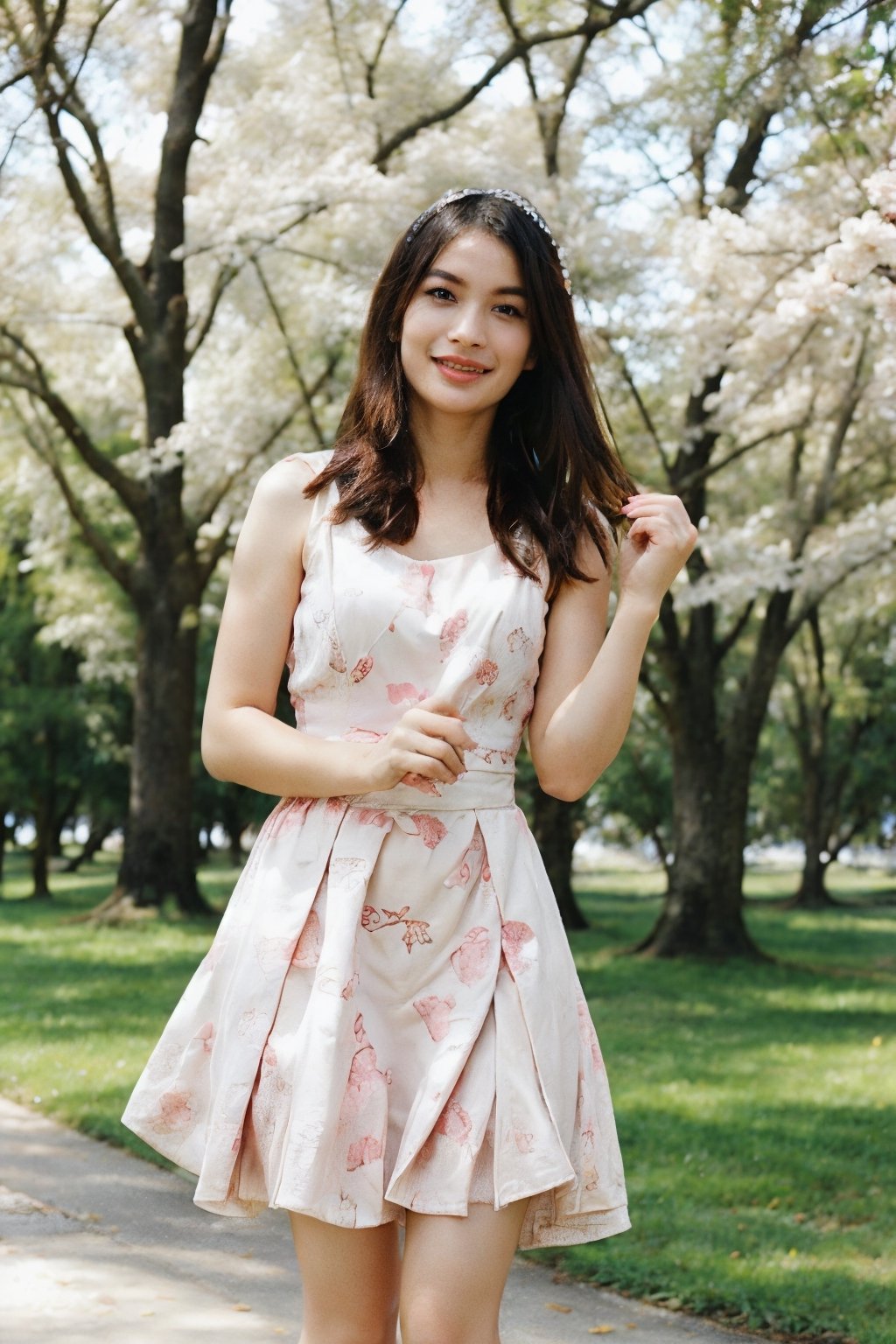 A beautiful woman adorned in a pastel minidress and high-heeled shoes stands in the midst of a park filled with blooming cherry blossom trees. With captivating grace, she strikes a seductive pose, exuding confidence and beauty amidst the blossoming trees. Her facial expression reflects joy and natural charm, creating a captivating and beautiful image in the midst of the flourishing cherry blossoms atmosphere,intricate printing pattern 