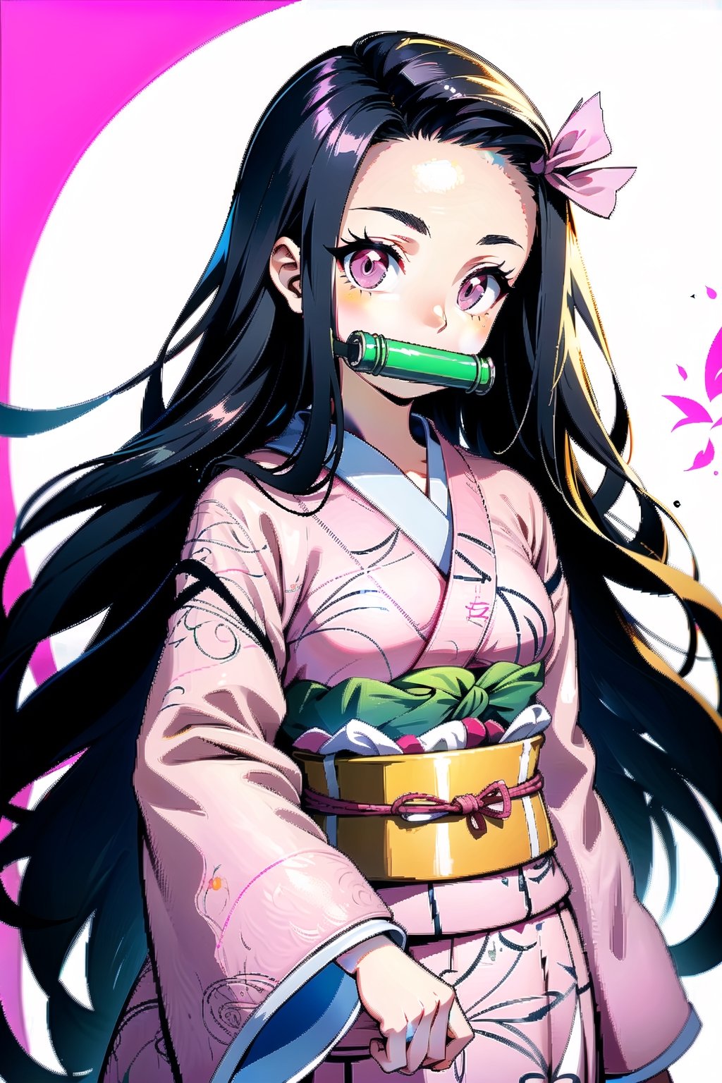 nezuko kamado, bamboo, bit gag, black hair, forehead, gag, gagged, hair ribbon, long hair, multicolored hair, (pink eyes:1.5), orange hair, slit pupils, wavy hair, two-tone hair, asa no ha (pattern), checkered sash, haori, japanese clothes, kimono, long sleeves, obi, pink kimono, sash, wariza,  wide sleeves, generate an image showing nezuko in a dojo while posing dynamically, photo of perfecteyes eyes, background,nezuko,photo of perfecteyes eyes,intricate printing pattern 