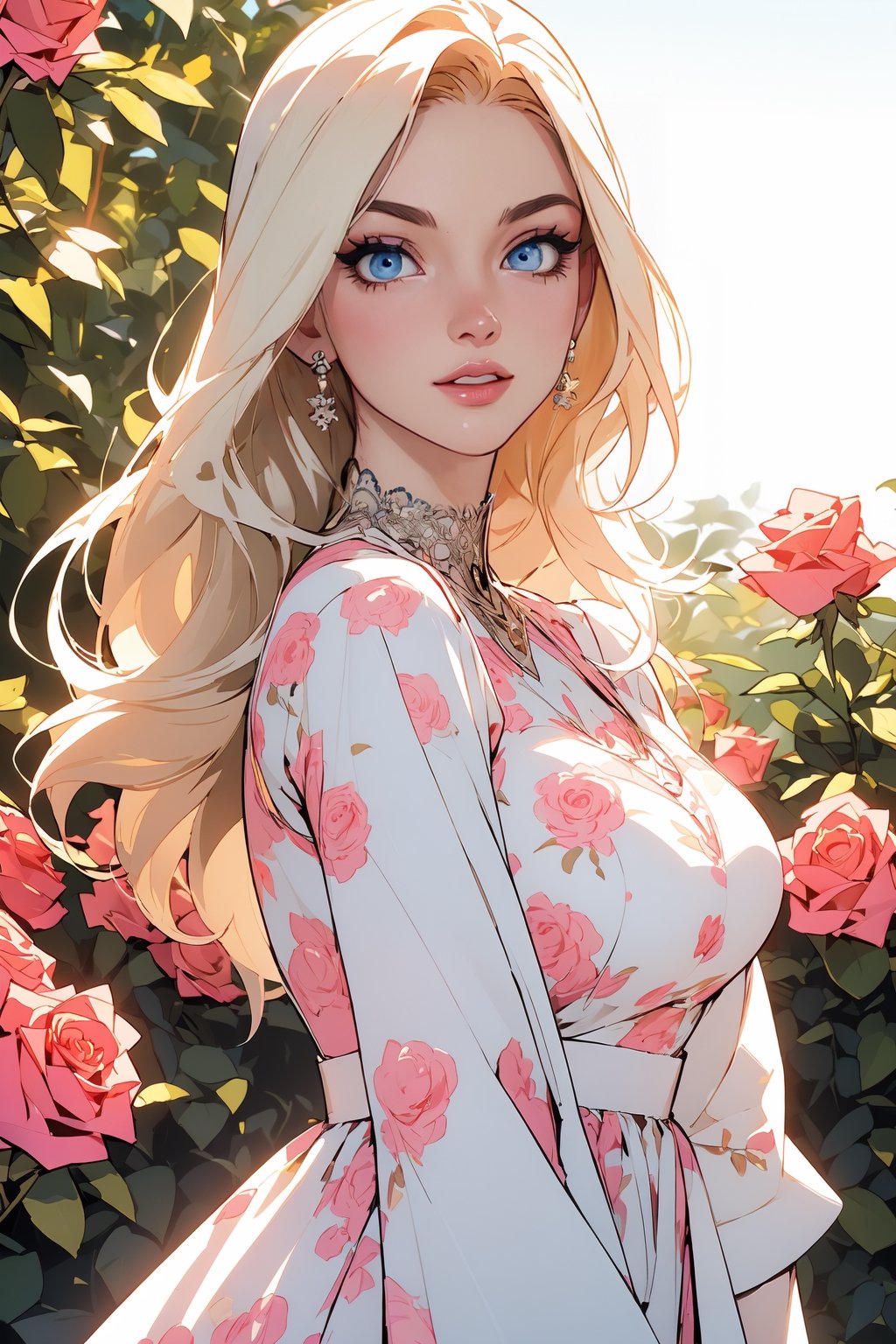 Masterpiece, 1girl, solo, portrait, illustration, Aphrodite, (caucasian_pale_white_female:1.5) , blue eyes, light smile, big_breasts , very long hair, blonde_hair,,{garden full of (roses:1.2) background} , perfect shading , high contrast, (make-up) , (pink eye shadow) , (black eye liner) ,very long pink Vintage women's elegant (spring floral long dress) ,lolita_dress, jewellery, ,Niji style, ,intricate printing pattern 