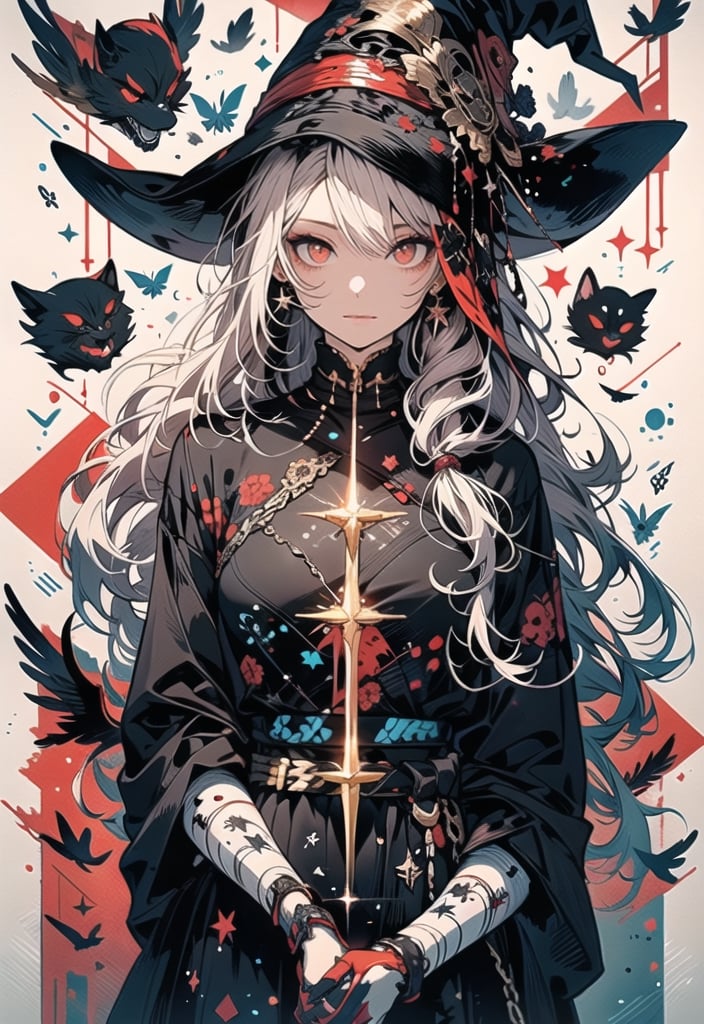 Red eyes, evil, golden, shiny, gold hair,High detailed ,midjourney,perfecteyes,Color magic,urban techwear,hmochako,better witch,witch, witch,Long hair,free style,horror (theme),intricate printing pattern 