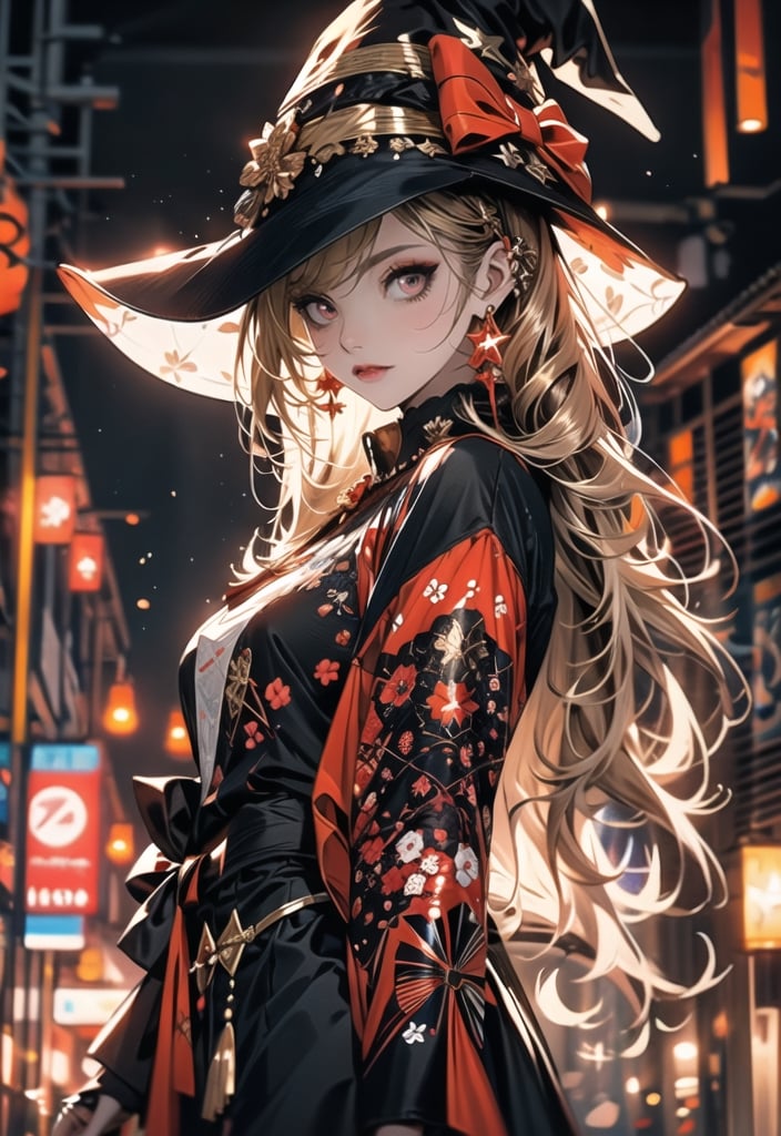 Red eyes, evil, golden, shiny, gold hair,High detailed ,midjourney,perfecteyes,Color magic,urban techwear,hmochako,better witch,witch, witch,Long hair,free style,horror (theme),intricate printing pattern 