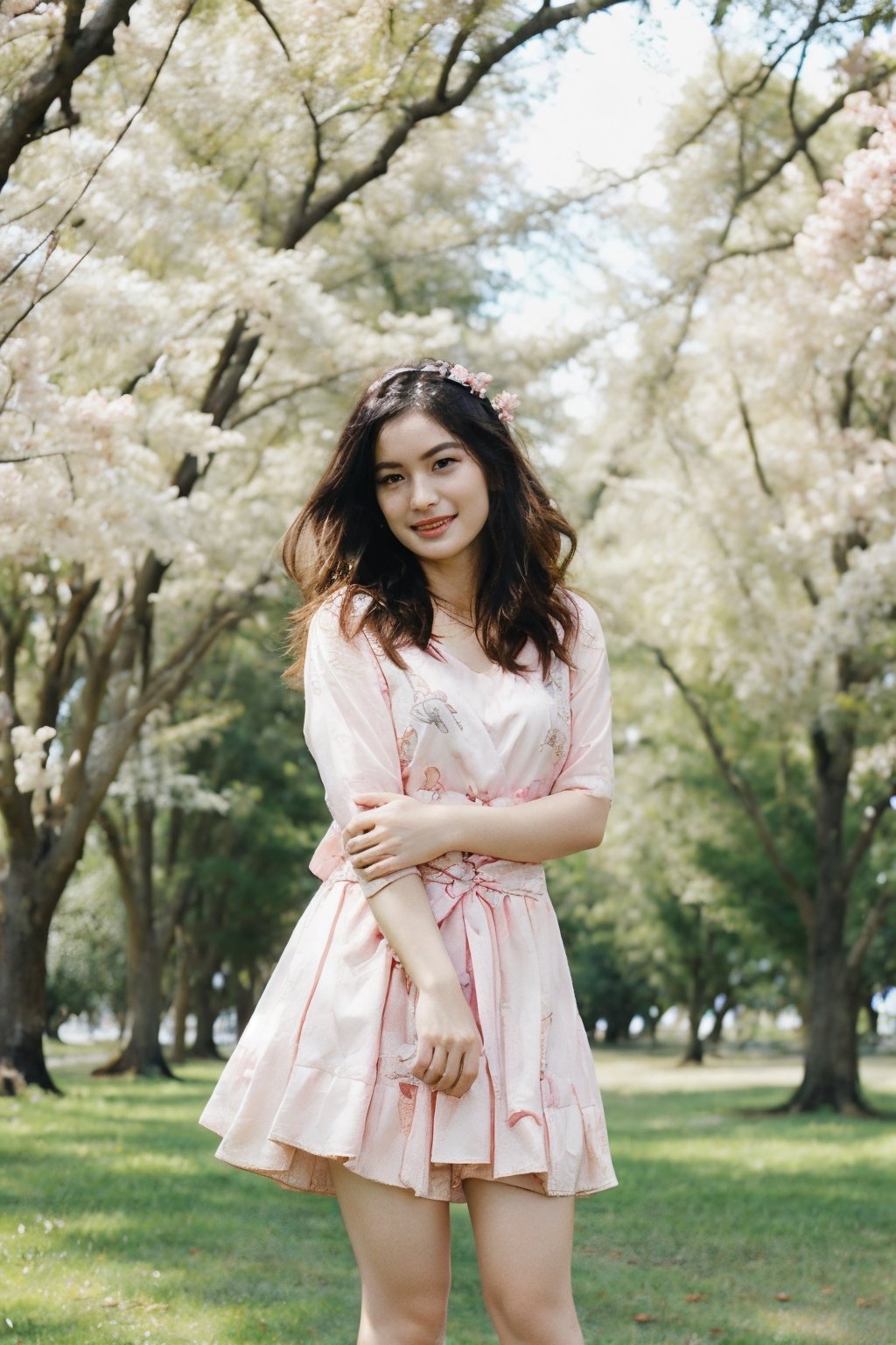 A beautiful woman adorned in a pastel minidress and high-heeled shoes stands in the midst of a park filled with blooming cherry blossom trees. With captivating grace, she strikes a seductive pose, exuding confidence and beauty amidst the blossoming trees. Her facial expression reflects joy and natural charm, creating a captivating and beautiful image in the midst of the flourishing cherry blossoms atmosphere,intricate printing pattern 