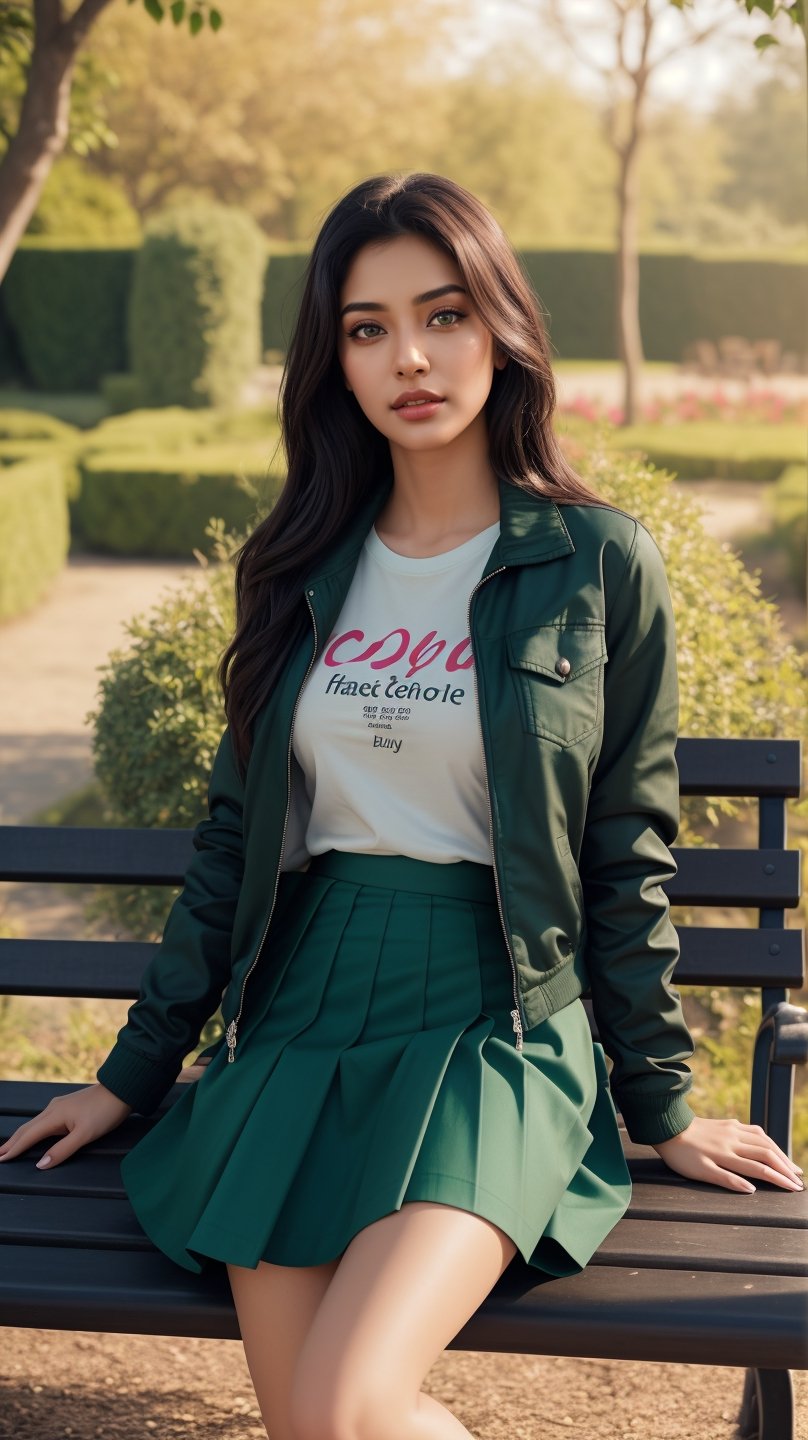 A sexy 25 years old girl,  has the face of an Indian actress,  her skin is fair. Very long hair,  Looking behind,  ,  Her dress((t-shirt,  jacket,  long dark green skirt)). a  morning time  in garden. The surroundings are park. build realistic,  soft light,  detailed face,  concept art,  looking at camera,  masterpiece,  xxmixgirl,  photorealistic,  sitting on a bench,  wearing high heels,  holding an iphone