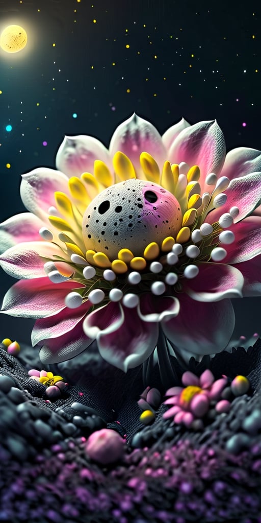 close up angal ((on the flower )) , (( yellow pink black dust) , detailed focus, deep bokeh, beautiful, dreamy colors, black dark cosmic background. Visually delightful ,3D,more detail XL , ,more detail XL,moonster