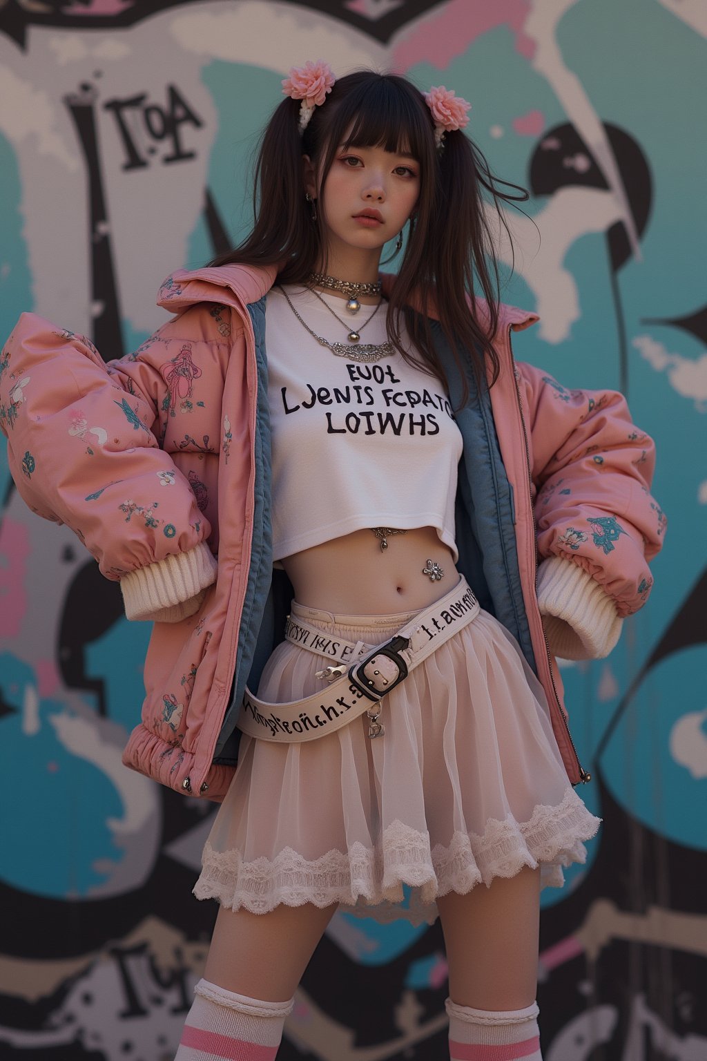 (Cute, kawaii theme: 1.5) (A 20-year-old Japanese super idol with a very slim figure, very flat chest, and very small breasts is wearing a Harajuku kawaii punk outfit and posing in front of cute, pop street graffiti.) (Photographed with a Canon EOS R5, 50mm lens, f/2.8 aperture) 
(Long, high twin tails: 1.4) (Hime cut with bangs:  1.4)(
(The top is a super short cropped long sleeve T-shirt with a Harajuku kawaii punk design, so short that you can see her underboobs.:1.5)
(Harness with studs:1.5)
(Wide bracelet with studs:1.3)(Choker with studs:1.3)
(The skirt is low-rise enough to show her lower abdomen, and is made of multiple layers of see-through organza fabric with jagged cuts to give it a voluminous look, making it a super micro mini skirt that looks like she's wearing pants.:1.5)
(Thigh-high socks with horizontal stripes:1.5)
(Platform Mary Jane shoes with belt straps:1.5)
(She is posing cutely with her arms spread out happily:1.5)
(Very happy smile:1.5) (Very flat chest:1.5) (Very small chest:1.5) (A cup chest:1.5) (Very skinny:  1.5)(High twin tails: 1.4)(Princess cut with bangs: 1.4)(Lower abdomen: 1.5)(Underbust peeking out from under the shirt: 1.8)(Hip bones: 1.5)

Best quality, highest quality, ultra high resolution, 8k, masterpiece UHD, unparalleled masterpiece, ultra realistic 8K, high resolution, vivid and dynamic, unparalleled, focus on her figure, highlight the subject, focus on her, innocent face, 20 years old, adult woman, alone, tangled skin, Japanese, thin, full body, natural smile, shiny skin, shiny skin, tangled skin, fine skin, ultra realistic, ultra realistic PHTO,