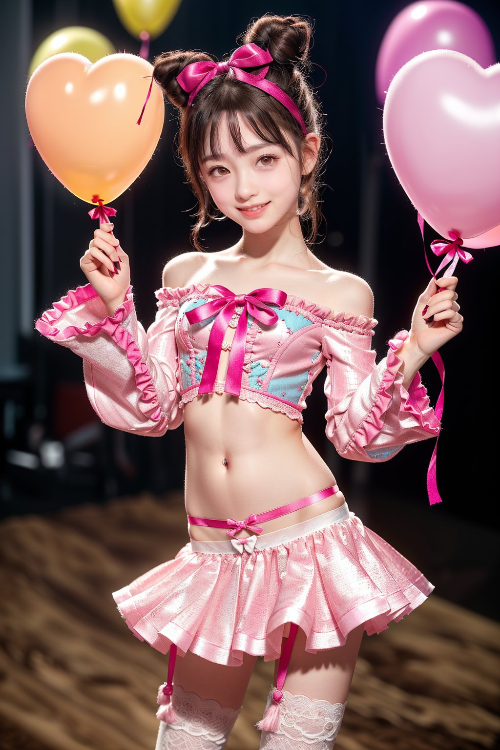 (A cute bedroom filled with heart-shaped balloons 1.5)(Lots of heart-shaped balloons: 1.5)(Fluttering heart-shaped balloons: 1.5)

(Staring at the viewer: 1.3)(Random dynamic angles)

(Standing: 1.3)

BREAK (pink, white, kawaii theme: 1.5), (nsfw: 1.2)(light brown hair: 1.4)(twin buns: 1.4)(perfect hands: 1.3)(off-the-shoulder bell sleeve or puff sleeve super micro crop shirt with frills and bow ribbon decoration: 1.5)(frill decoration: 1.4)(ribbon bow decoration: 1.4)(underbust spilling out from the bottom of the shirt: 1.8)(super  Low-rise ultra-micro mini tight skirt: 1.5) (Ultra-low-rise: 1.4) (White lace thigh-high socks: 1.3) (Platform boots: 1.3) (Belly button) (Lower abdomen: 1.3) (Lower breast: 1.8) (Big, lively, randomly cute poses with panty shots from the hem: 1.6) (Hip bones,: 1.3) (Panty shot: 1.2) (Organza fabric see-through ultra-micro panties: 1.2) (Camellia: 1.2) Shot using a high-end professional camera with a wide-angle lens.
Highest quality, highest quality, ultra-high quality resolution, 8k, masterpiece UHD, unparalleled masterpiece, ultra-realistic 8K, high resolution, focus on her unparalleled figure, highlight the subject, focus on her, adult woman, alone, glowing skin, Japanese, slim, full body, natural smile, glowing skin, shiny skin, glowing skin, detailed skin, ultra-realistic, ultra-realistic phpto,