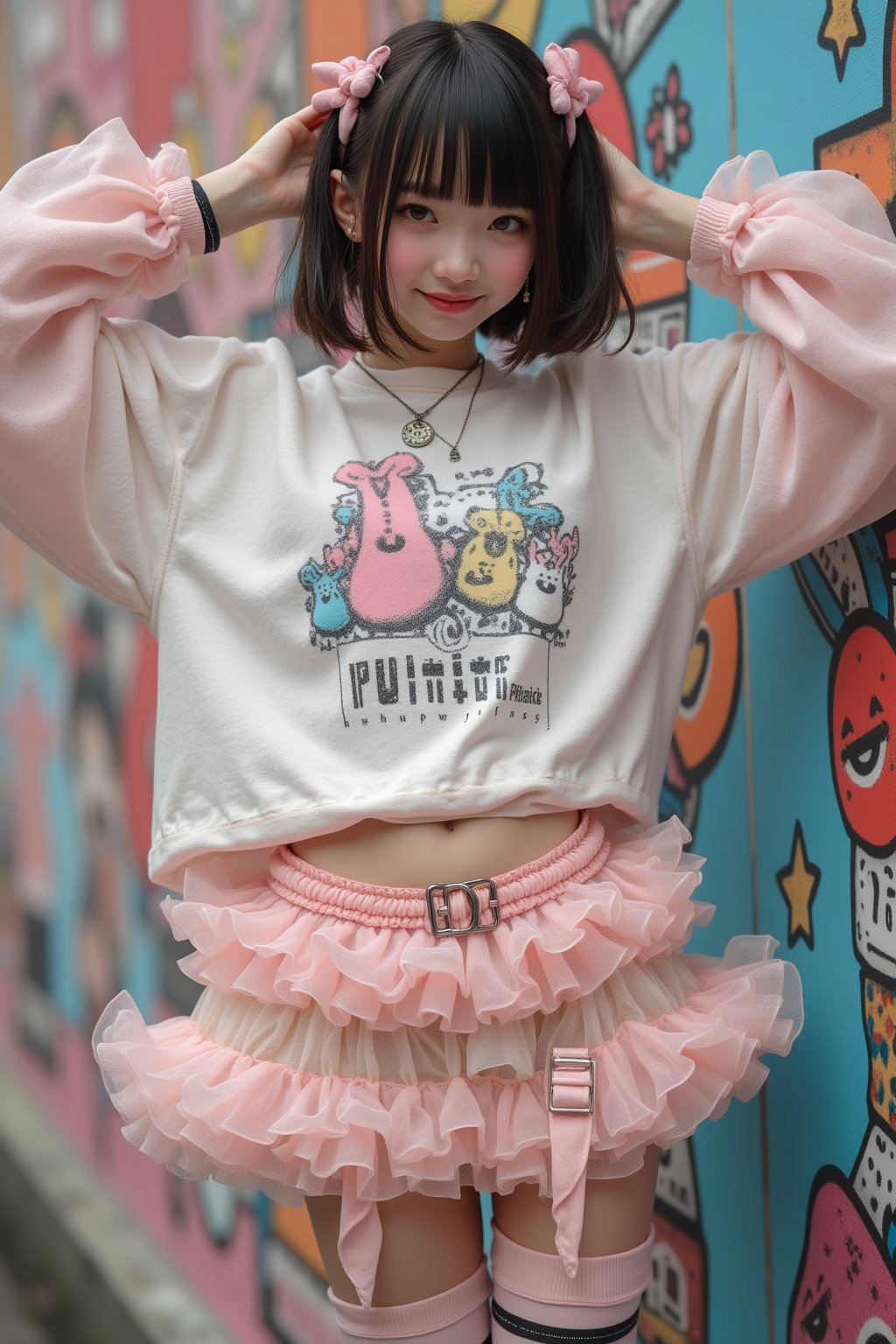 (Cute, kawaii theme: 1.5) (A 20-year-old Japanese super idol with a very slim figure, very flat chest, and very small breasts is wearing a Harajuku kawaii punk outfit and posing in front of cute pop street art.)

(The top is a super short crop long sleeve T-shirt with a Harajuku kawaii punk design, and the bottom of the shirt shows her underboob.:1.5)
(The skirt is low-rise enough to show her lower abdomen, and is made of multiple layers of see-through organza fabric in a frilly pattern, giving it a voluminous look, and it is a super micro mini skirt that looks like she is wearing pants.:1.5)
(Thigh-high socks with horizontal stripes:1.5)
(Platform Mary Jane shoes with belt straps:1.5)
(She is posing cutely with her arms spread out happily:1.5)
(Very happy smile:1.5) (Very flat chest:1.5) (Very small chest:1.5) (A cup chest:1.5) (Very  Thin: 1.5)(High twin tails: 1.4)(Princess cut with bangs: 1.4)(Pubic bone: 1.5)(Underbust peeking out from under the shirt: 1.8)(Hip bone: 1.5)

Best quality, highest quality, ultra high resolution, 8k, masterpiece UHD, unparalleled masterpiece, ultra realistic 8K, high resolution, vivid and dynamic, unparalleled, focus on her figure, highlight the subject, focus on her, innocent face, 20 years old, adult woman, alone, tangled skin, Japanese, thin, full body, natural smile, shiny skin, shiny skin, tangled skin, fine skin, ultra realistic, ultra realistic PHTO,