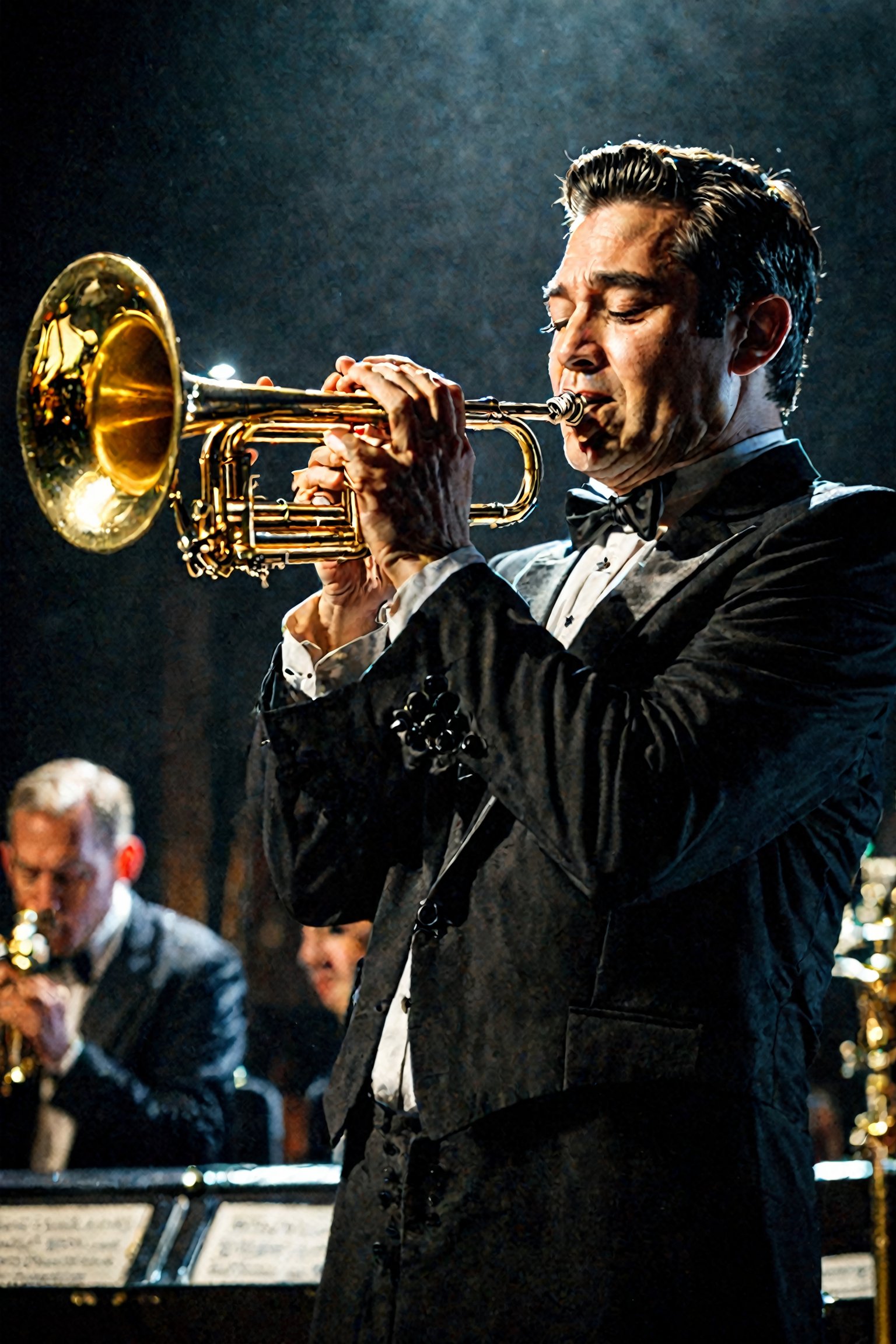 (Details of the action scene from the winning work) (A world-famous trumpet player who plays in an orchestra. In the shadows of the glamorous world, he practices his trumpet.)
He is holding and playing the trumpet.