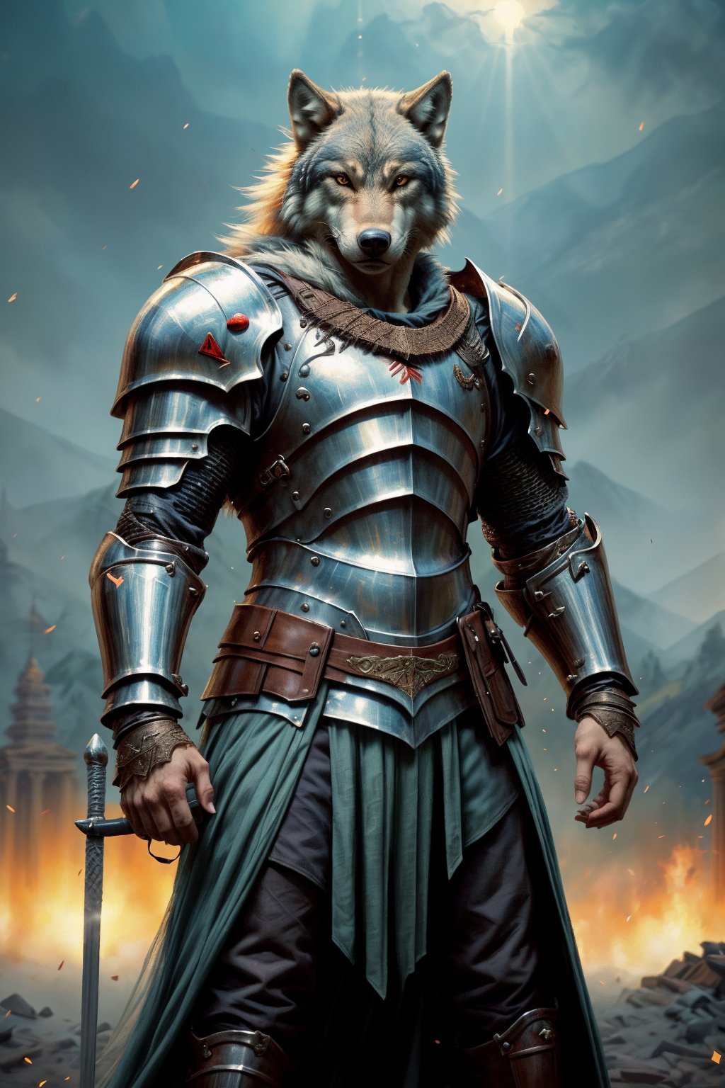 An ancient anthropomorphic wolf, a female werewolf knight, dressed in ancient knight light armor, is ready to defeat her enemies. Her fighting appearance is brave and godlike, like a god of war. Photo, beautiful, blurred temple background, colorful, masterpiece, best quality, best quality, official art, beautiful and aesthetic, realistic