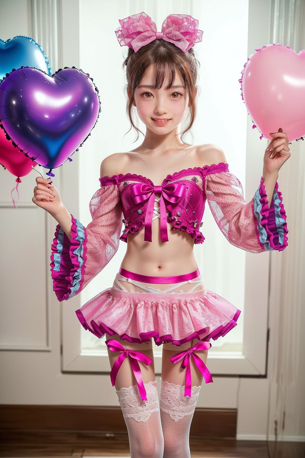 (A room filled with kawaii, with heart-shaped balloons covering the entire surface 1.5)(Lots of heart-shaped balloons: 1.5)

(Staring at the viewer: 1.3)(Random dynamic angles)

(Standing: 1.3)

BREAK (pink, white, kawaii theme: 1.5), (nsfw: 1.2)(light brown hair: 1.4)(twin buns: 1.4)(perfect hands: 1.3)(off-the-shoulder bell-sleeve or puff-sleeve super micro crop shirt with frills and bow ribbon decoration: 1.5)(frill decoration: 1.4)(ribbon bow decoration: 1.4)(underbust spilling out from the bottom of the shirt: 1.8)(super  Low-rise ultra-micro mini tight skirt: 1.5) (Ultra-low-rise: 1.4) (White lace thigh-high socks: 1.3) (Platform boots: 1.3) (Belly button) (Lower abdomen) (Lower breast: 1.8) (Big, lively, randomly cute poses with panty shots: 1.5) (Hip bones,: 1.3) (Panty shot: 1.2) (Organza fabric see-through ultra-micro panties: 1.2) (Cameltoe: 1.2) Filmed using a high-end professional camera with a wide-angle lens.
Highest quality, highest quality, ultra-high quality resolution, 8k, masterpiece UHD, unparalleled masterpiece, ultra-realistic 8K, high resolution, focus on her unparalleled figure, highlight the subject, focus on her, adult woman, alone, glowing skin, Japanese, slim, full body, natural smile, glowing skin, shiny skin, glowing skin, detailed skin, ultra-realistic, ultra-realistic phpto,