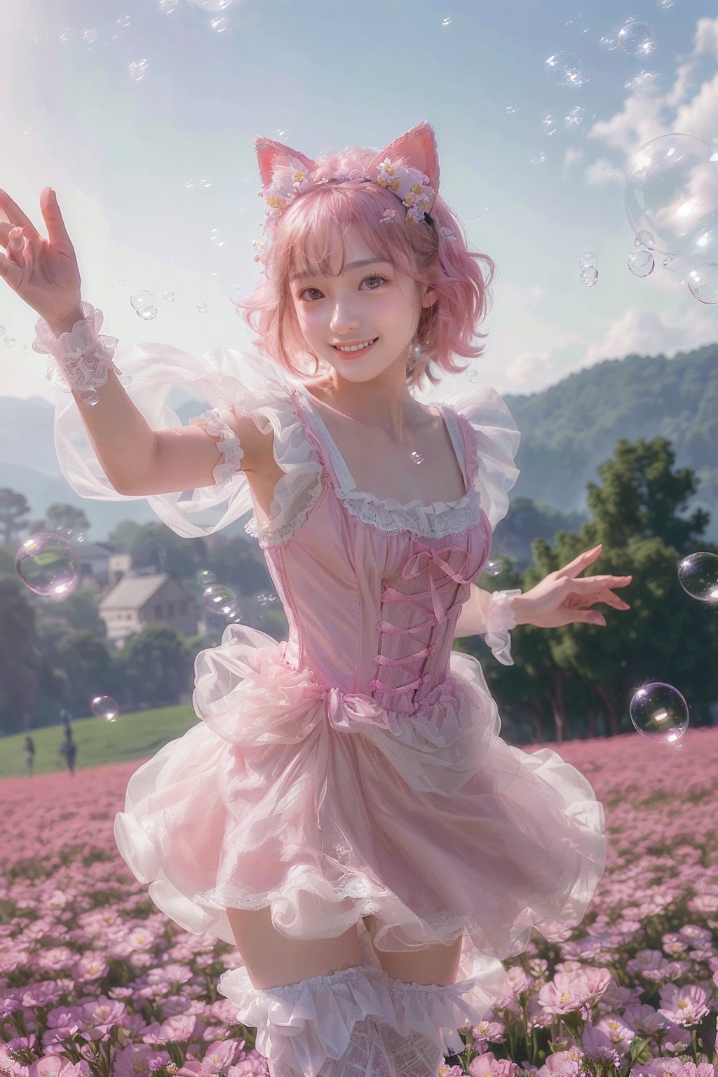 (A masterpiece movie with powerful action),

(8K, raw photo, highest quality, masterpiece: 1.2), masterpiece, highest quality, incredible resolution, ultra-high definition), realistic and vivid, realistic and masterpiece, highest quality, incredible resolution, ultra-high definition), fantasy world like medieval Europe, RPG,　　　　　　　　(Flower field with flowers blooming all over: 1.4)(Staring at the viewer: 1.3)

(Standing: 1.3)

BREAK (Cute pink and white theme: 1.5), (Pink fake cat ears headdress: 1.4), (Pink hair: 1.4) (Pink corset-type dirndl with ruffle decoration: 1.4) (The skirt is a micro-mini length flared design, with organza and tulle layered to create a light and airy effect reminiscent of floating bubbles, and the hem is edged with lace and has a subtle shine: 1.4)  (Ruffles and ribbon bow decoration: 1.4) (White lace thigh-high socks with ribbon trim: 1.3) (Cute pose with big energetic movements: 1.5)(Perfect hands: 1.3)