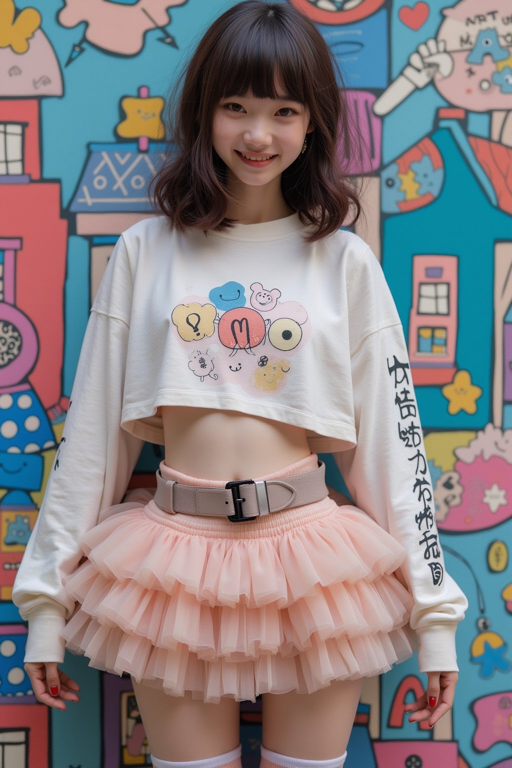 (Cute, kawaii theme: 1.5) (A 20-year-old Japanese super idol with a very slim figure, very flat chest, and very small breasts is wearing a Harajuku kawaii punk outfit and posing in front of cute pop street art.)

(The top is a super short crop long sleeve T-shirt with a Harajuku kawaii punk design, and it is so short that you can see her underboob from the hem.:1.5)
(The skirt is low-rise enough to show her lower abdomen, and is a super micro mini skirt with multiple layers of see-through organza fabric in a jagged frill shape to give it a voluminous feel, so much so that you can almost see her pants.:1.5)
(Thigh-high socks with horizontal stripes:1.5)
(Platform Mary Jane shoes with belt straps:1.5)
(She is posing cutely with her arms spread out happily:1.5)
(Very happy smile:1.5) (Very flat chest:1.5) (Very small chest:1.5)  (A cup breasts: 1.5) (Very thin: 1.5)(High twin tails: 1.4)(Princess cut with bangs: 1.4)(Lower abdomen: 1.5)(Underbust peeking out from under the shirt: 1.8)(Hip bones: 1.5)

Best quality, highest quality, ultra high resolution, 8k, masterpiece UHD, unparalleled masterpiece, ultra realistic 8K, high resolution, vivid and dynamic, unparalleled, focus on her figure, highlight the subject, focus on her, innocent face, 20 years old, adult woman, alone, tangled skin, Japanese, thin, full body, natural smile, shiny skin, shiny skin, tangled skin, fine skin, ultra realistic, ultra realistic PHTO,