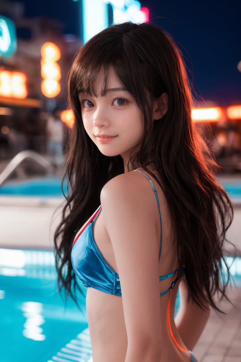 An attractive young woman with long flowing brown hair and straight bangs hangs out at a vibrant neon-lit night pool. She wears a Kakaco ultra-high cut micro bikini that contrasts beautifully with the blue and red neon glow around her. Blurred neon lights in the background create a colorful and dynamic night pool atmosphere. The soft neon lights cast a subtle and colorful glow on her face, enhancing her serene yet powerful expression. The photo was taken with a shallow depth of field, focusing on her face while leaving the background soft and blurred. The reflections of the neon lights add depth and layers to the scene, creating a visually striking image that combines the elegance and beauty of a night pool.  , 1 woman, solo, long hair, brown hair, (beauty and aesthetics: 1.2), stylish pose, dreamy expression, neon lights, vibrant colors, urban setting, shallow depth of field, reflection, , contrasting colors, soft glow, dynamic scene, angelawhite, photo_b00ster