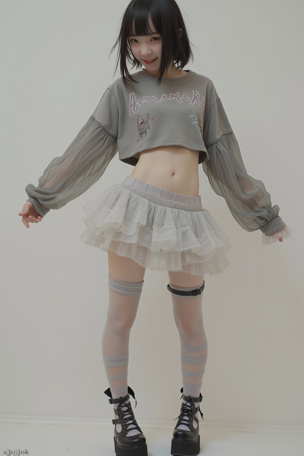 (Cute, kawaii theme: 1.5) (A 20-year-old Japanese super idol with a very slim figure, very flat chest, and very small breasts is posing in a Harajuku kawaii punk outfit.)

(The top is a super short crop long sleeve T-shirt with a Harajuku kawaii punk design, and the bottom of her breasts are visible.:1.5)
(The skirt is low-rise enough to expose her lower abdomen, and is made of multiple layers of see-through organza fabric in a ruffled pattern, giving it a voluminous feel, making it a super micro mini skirt that is so thin you can almost see her pants.:1.5)
(Thigh-high socks with horizontal stripes:1.5)
(Platform-soled Mary Jane shoes with belt straps:1.5)
(She is posing cutely with her arms spread out happily:1.5)
(Very happy smile:1.5) (Very flat chest:1.5) (Very small chest:1.5) (A cup chest:1.5) (Very skinny:  1.5)(High twin tails: 1.4)(Princess cut with bangs: 1.4)(Pubic bone: 1.5)(Underbust peeking out from under the shirt: 1.8)(Hip bone: 1.5)

Best quality, highest quality, ultra high resolution, 8k, masterpiece UHD, unparalleled masterpiece, ultra realistic 8K, high resolution, vivid and dynamic, unparalleled, focus on her figure, highlight the subject, focus on her, innocent face, 20 years old, adult woman, alone, tangled skin, Japanese, thin, full body, natural smile, shiny skin, shiny skin, tangled skin, fine skin, ultra realistic, ultra realistic PHTO,