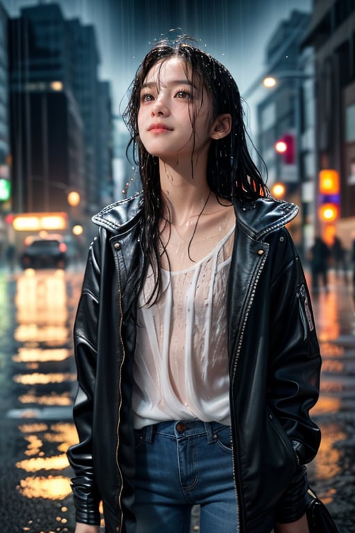 girl, standing, sad face, looking up and holding back tears, (being drenched in rain)(wet t-shirt,) wet, (wet hair,) (wet jacket,) skinny jeans, standing in rainy Ginza, rain, raining, ((heavy rain:1.5)), smooth and soft skin, realistic, best quality, masterpiece, photorealistic, cinematic lighting, close-up shot, wet shirt
Rainy Night
Visible nipples, erect nipples
